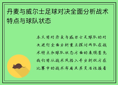 丹麦与威尔士足球对决全面分析战术特点与球队状态
